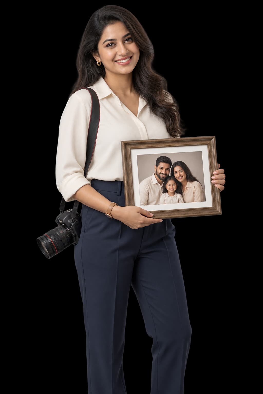 Photographer holding a framed family portrait
